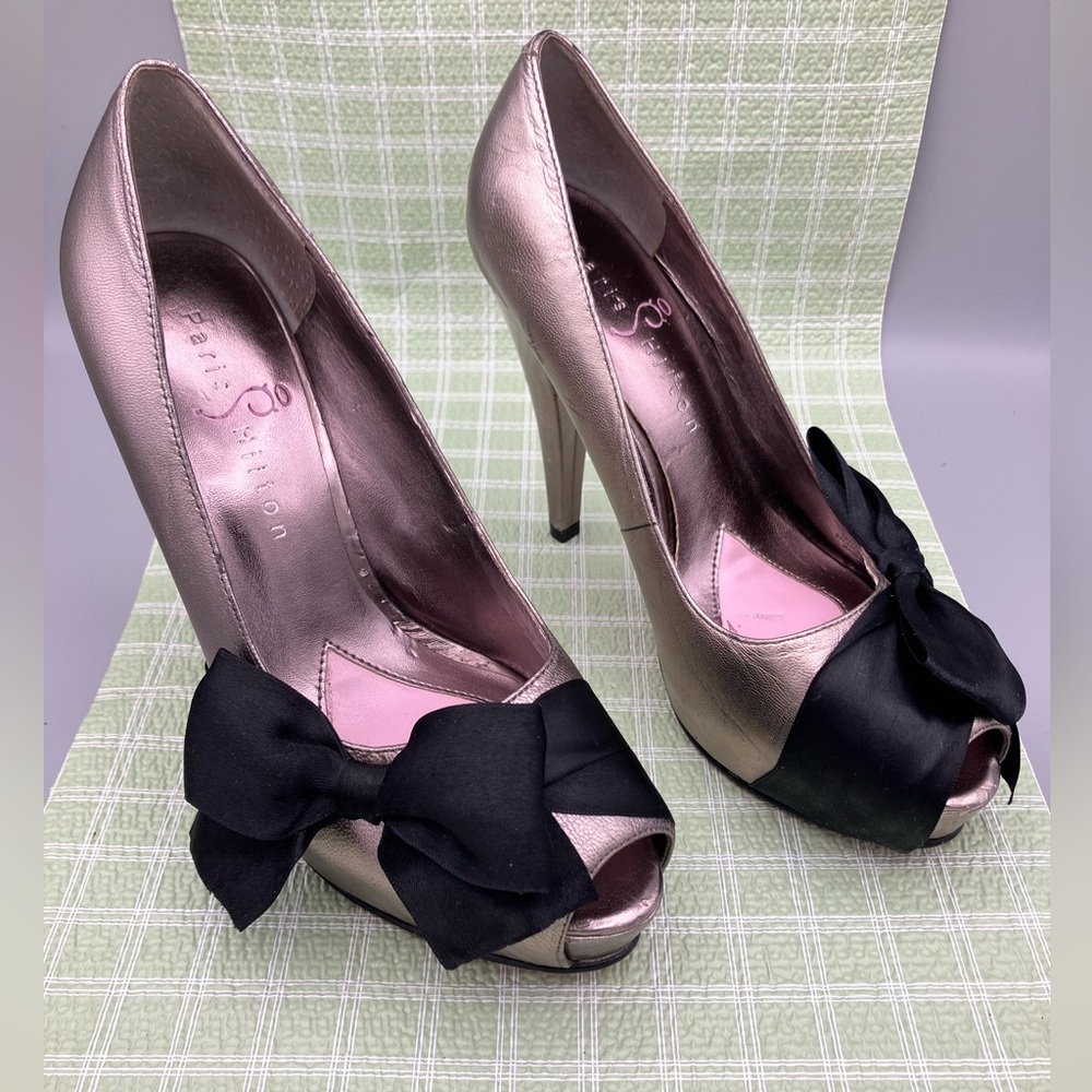 Paris Hilton Destiny platform pumps in Metallica leather Satin Bow.